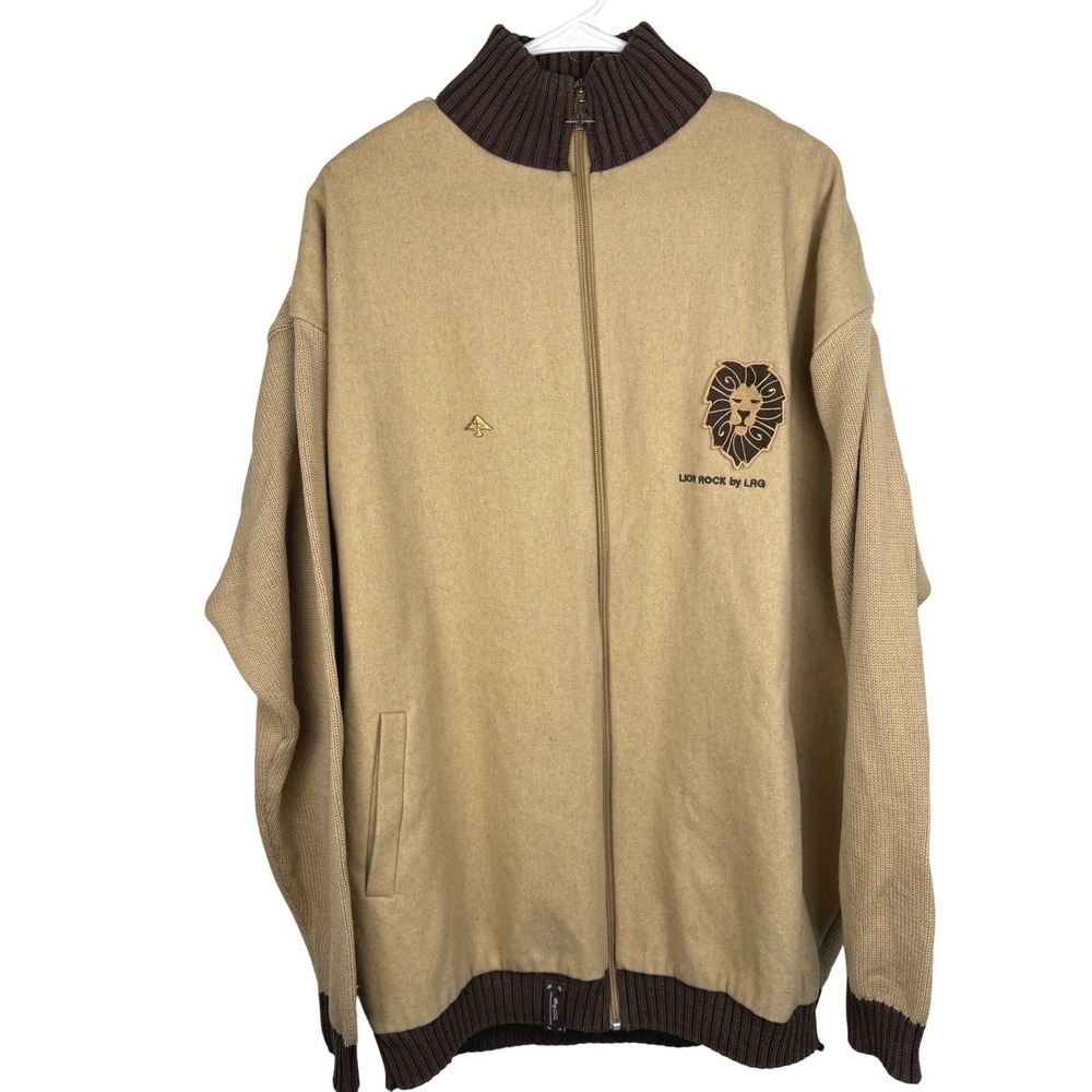 LRG Lion Rock Full Zip Sweater Mens 4XL Tan Brown Wool Blend Streetwear Jacket